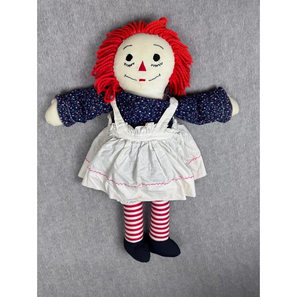 Vintage Raggedy Ann Cloth Doll Red Yarn Hair Floral Dress 20 Inch Plush Toy